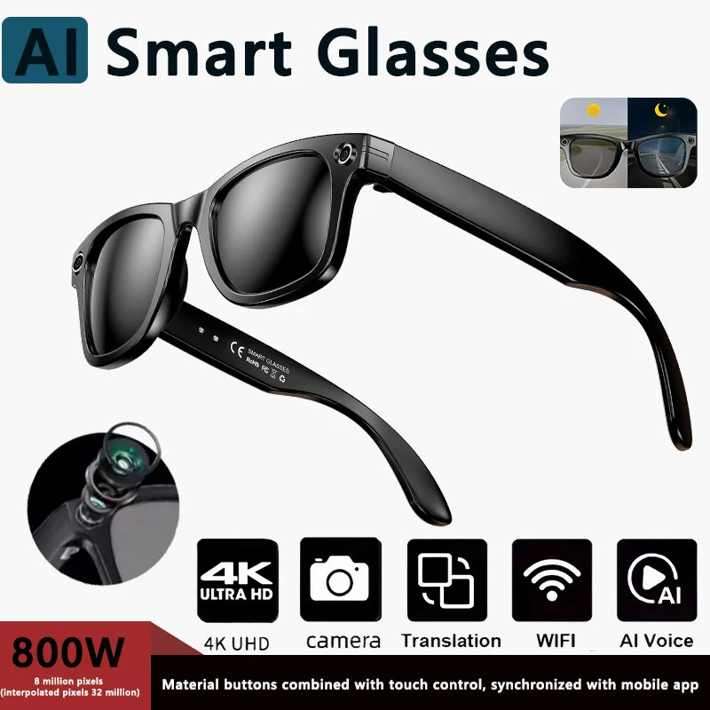 800W AI Smart Camera Sunglasses  Translation Voice Control WiFi Bluetooth HD1080P Shooting Intelligent Glasses For Android IOS