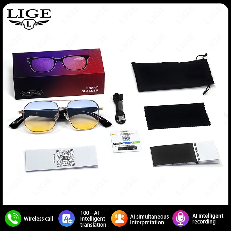 LIGE Ai Smart Bluetooth Glasses 100+Languages Translation Real-time Q&A BT5.4 Music UV Protection Smart Sunglasses for Men Women